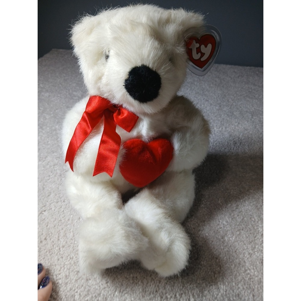 Ty Beanie Buddy White Bear Romeo Red Heart Red Ribbon 1997 Retired Plush Toy